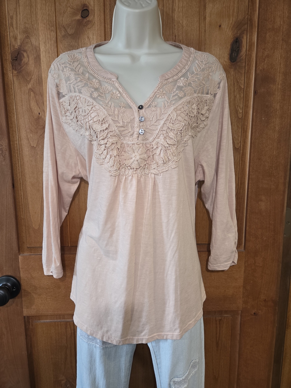 Style & Co. Blush Lace-Yoke Henley Top